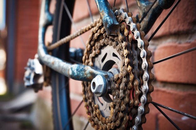 Foto primer plano de engranajes y cadenas de bicicletas creados con ia generativa