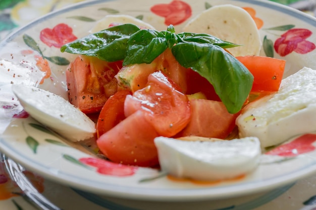 Primer plano de una ensalada de caprese servida en un plato