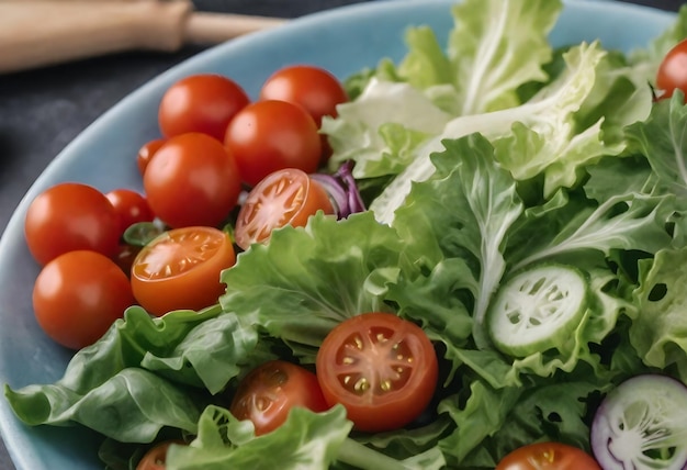 Un primer plano de una ensalada fresca con tomates cereza, lechuga y varias verduras en un cuenco azul