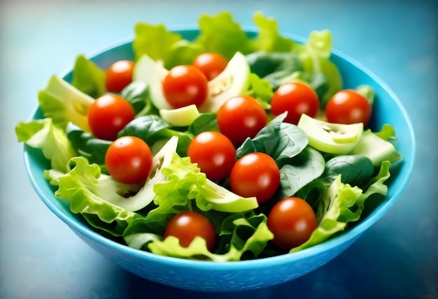 Un primer plano de una ensalada fresca con tomates cereza, lechuga y varias verduras en un cuenco azul