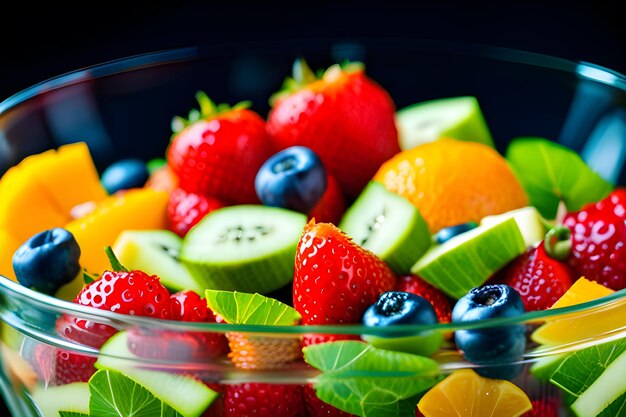 Primer plano de una ensalada de frutas colorida y vibrante en un recipiente de vidrio