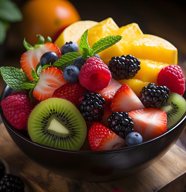 Primer plano de una ensalada de frutas con frambuesas, moras y pedazos de kiwi