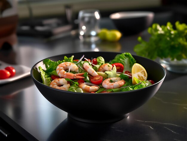 Foto primer plano de ensalada generada ai con verduras y gambas en un plato negro fondo borroso oscuro