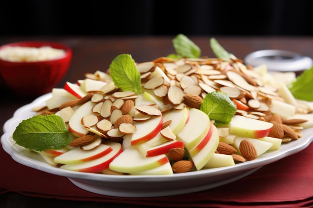 Primer plano de una ensalada de manzanas en rodajas y almendras machacadas