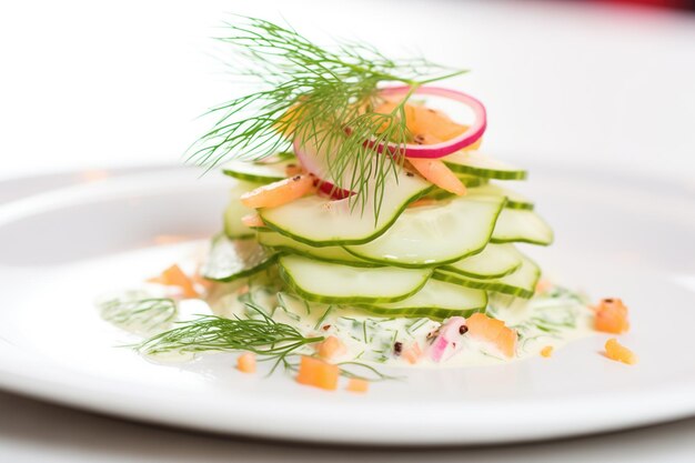 Primer plano de ensalada de pepino y guarnición de eneldo encima