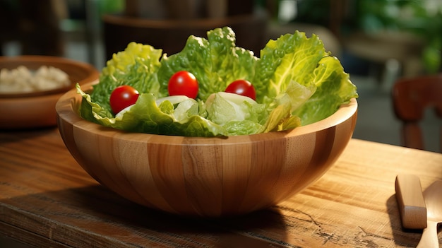 Primer plano de una ensalada en una taza de madera generada por IA