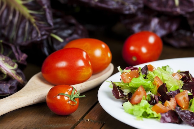 Primer plano de una ensalada vegetariana fresca en un plato blanco