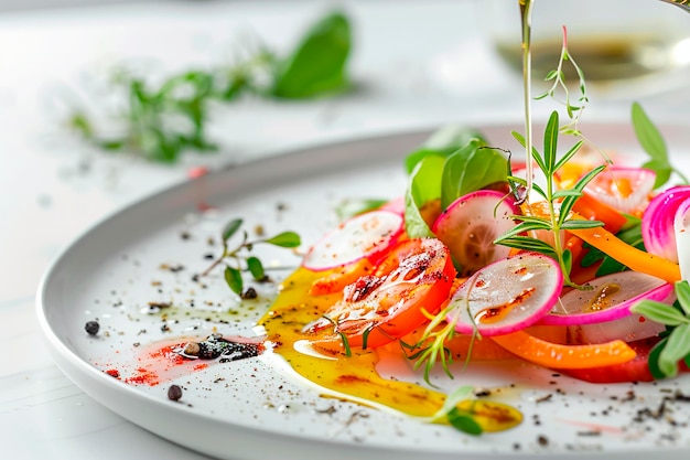 Primer plano de una ensalada de verduras con aceite de oliva derramado
