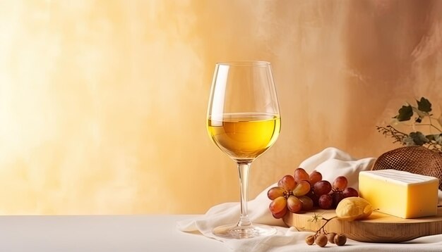 Primer plano de ensueño que captura la naturaleza suave y cremosa de los quesos con una copa de vino blanco