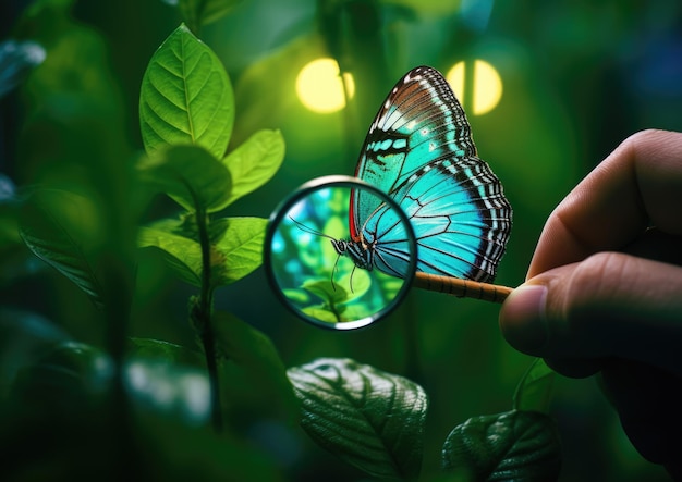 Un primer plano de un entomólogo sosteniendo delicadamente una lupa sobre una hoja verde vibrante