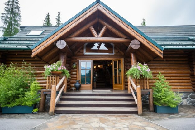 Foto primer plano de la entrada de un albergue de montaña de madera