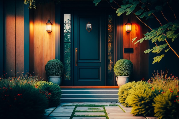 Un primer plano de la entrada a una casa nueva con una puerta audaz y elegante