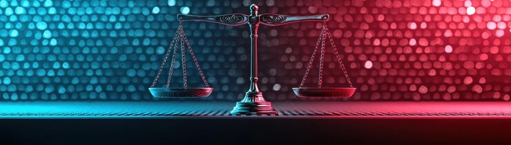 Un primer plano de equilibrio futurista que simboliza la justicia con un diseño elegante con vibrantes escalas de iluminación azul y roja representan la equidad y la igualdad en el contexto moderno