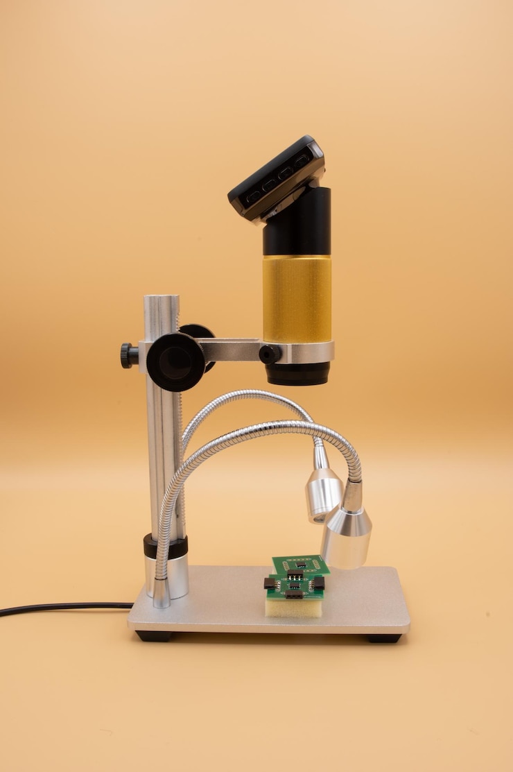 Foto primer plano de equipos informáticos en el microscopio contra un fondo beige