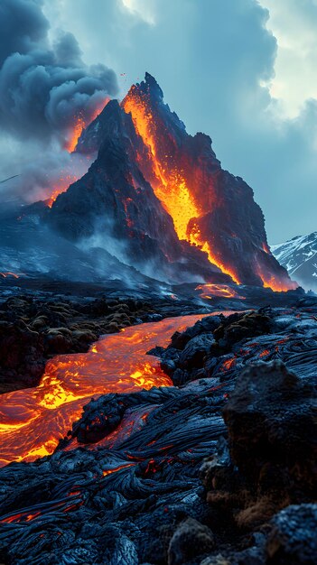 Un primer plano de la erupción del volcán explota con el flujo de magma Paisaje de fantasía