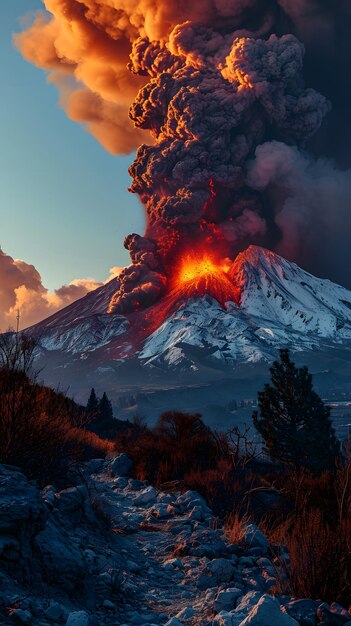 Un primer plano de la erupción del volcán explota con el flujo de magma Paisaje de fantasía