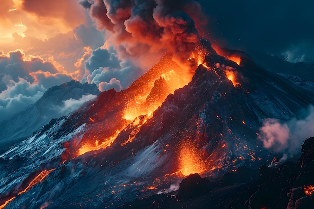 Un primer plano de la erupción del volcán explota con el flujo de magma Paisaje de fantasía