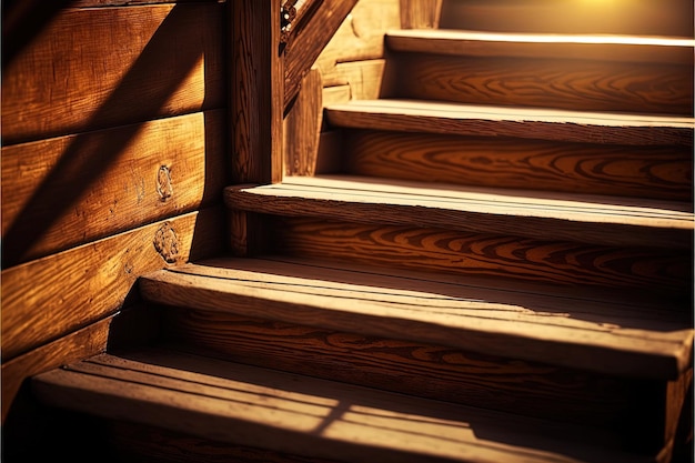 Primer plano de escaleras de madera con olas de sol en casa de campo al aire libre