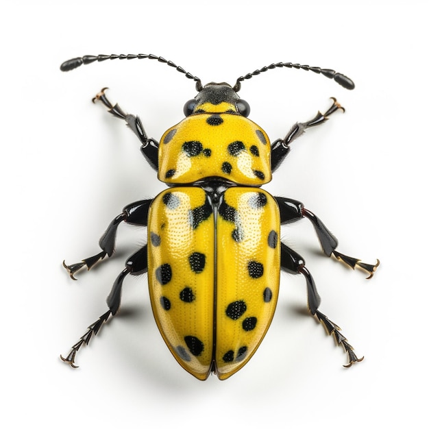 Un primer plano de un escarabajo amarillo y negro sobre una superficie blanca generativa ai