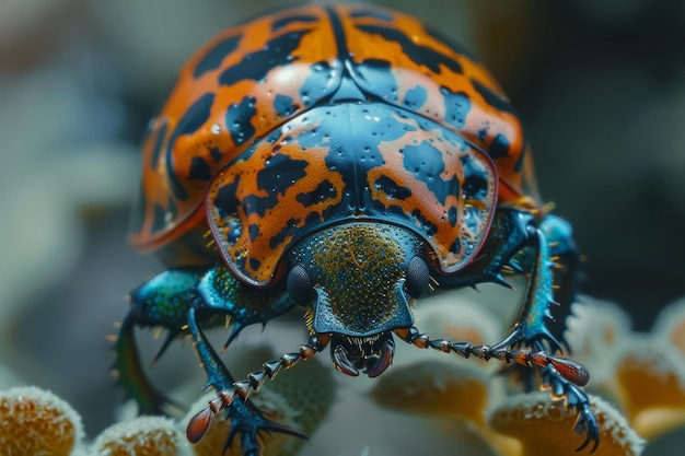 Un primer plano de un escarabajo concha de tortuga sus bordes transparentes que reflejan los colores del entorno