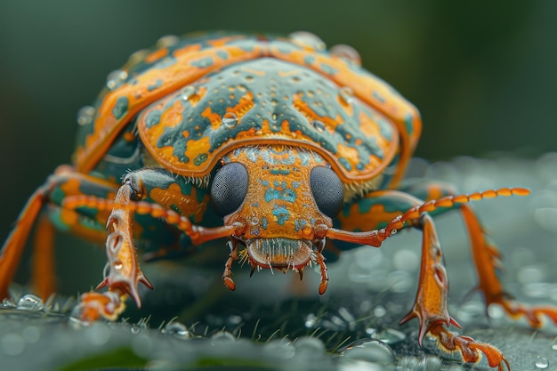 Un primer plano de un escarabajo concha de tortuga sus bordes transparentes que reflejan los colores del entorno