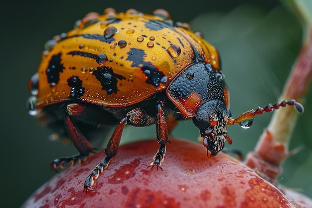 Un primer plano de un escarabajo curculio ciruela haciendo un corte en forma de media luna en una fruta para poner sus huevos el