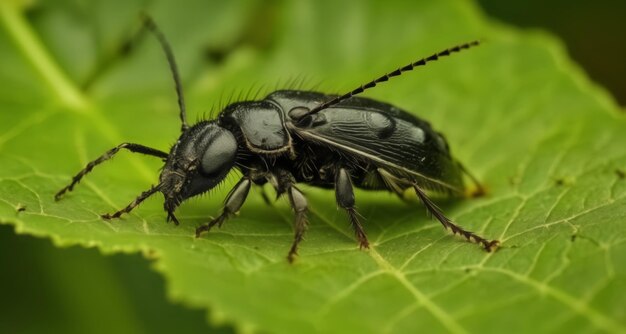 Foto un primer plano de un escarabajo negro en una hoja verde