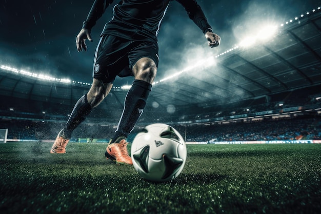 Primer plano de una escena de fútbol con un jugador pateando el balón en el estadio durante un partido de fútbol Jugadores de fútbol en movimiento