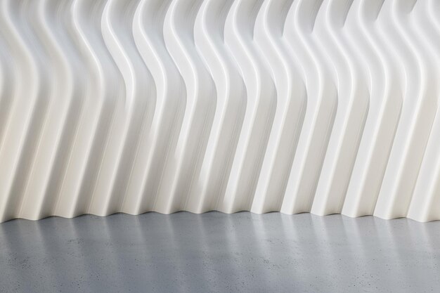 Primer plano de un escenario vacío de presentación al aire libre con luz solar entre la valla de luz y el suelo gris de hormigón y el cielo azul en la maqueta de renderizado 3D de fondo