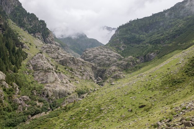 Primer plano de las escenas de las montañas, caminar hasta el puente Trift en el parque nacional de Suiza, Europa. Paisaje de verano, clima soleado, espectacular cielo nublado y día soleado