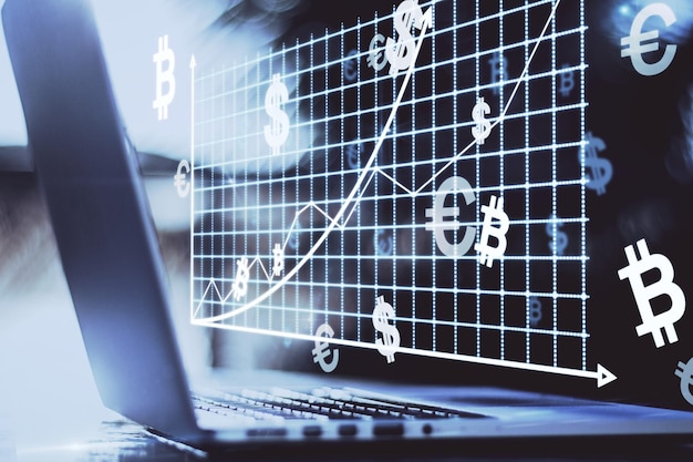 Primer plano del escritorio con computadora portátil y red de dinero brillante abstracta en un fondo borroso Criptomoneda y concepto de banca en línea Doble exposición