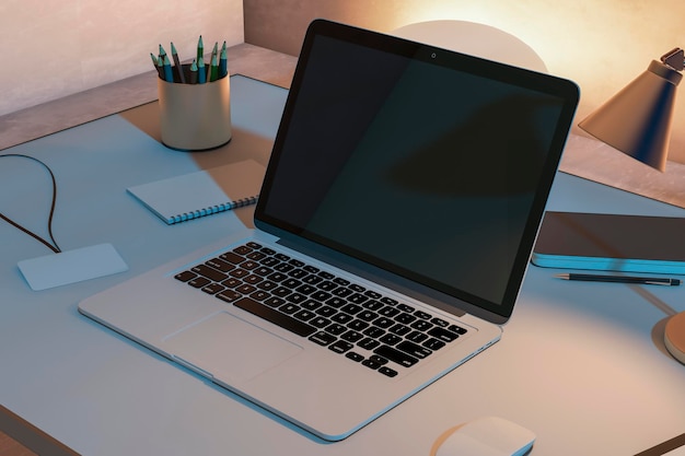 Primer plano de escritorio de diseñador brillante con pantalla de portátil en blanco y suministros Mock up 3D Rendering Workplace design concept