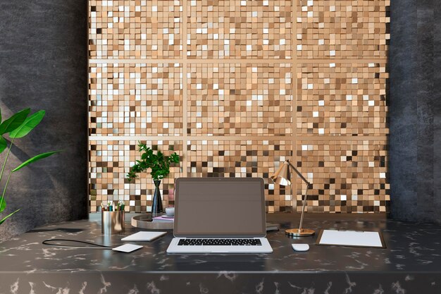Primer plano del escritorio de diseñador creativo con lámpara de pantalla de portátil vacía taza de café suministros varios otros objetos y fondo de pared de azulejos dorados brillantes Representación 3D