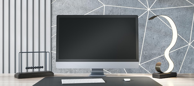 Primer plano de escritorio de diseñador profesional con monitor de computadora negro vacío varios elementos y muro de hormigón ligero Mock up 3D Rendering