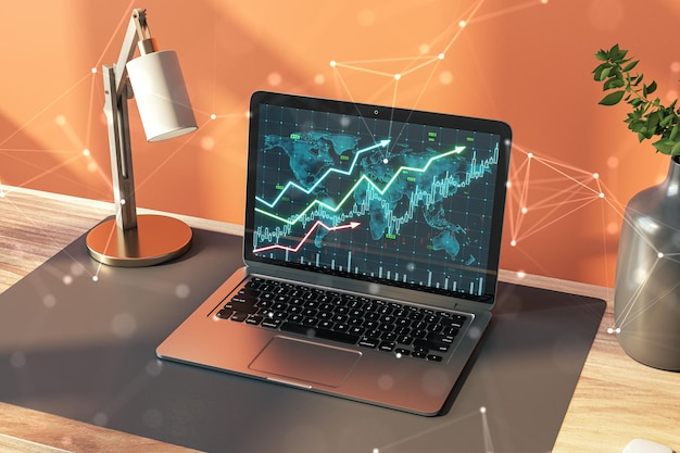 Primer plano del escritorio con un jarrón de lámpara y un gráfico de divisas en crecimiento en la pantalla del portátil Fondo de pared naranja Crecimiento financiero, dinero y concepto de éxito Renderización 3D