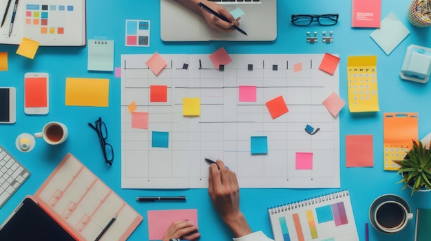 Un primer plano de un escritorio con las manos planeando un calendario de proyectos utilizando notas adhesivas coloridas Varios aparatos son visibles sugiriendo un entorno de oficina moderno IA generativa
