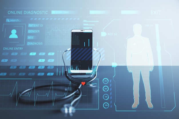 Primer plano del escritorio de los médicos con estetoscopio de teléfono móvil y holograma de medicina en línea brillante Conceptos de futuro y tecnología de atención médica Exposición doble