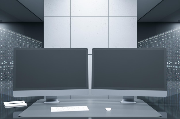 Primer plano del escritorio con monitores de computadora vacíos en el interior de la oficina de la sala de servidores futurista Concepto de almacenamiento y grandes datos Maqueta de renderizado 3D
