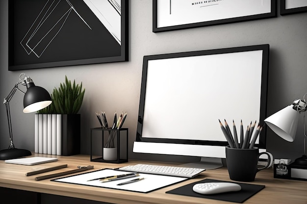 Primer plano del escritorio de la oficina en casa con marco de maqueta portátil y papelería
