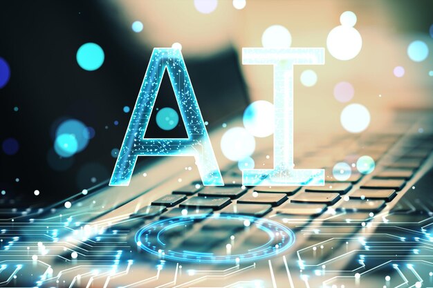 Primer plano de escritorio de oficina con teclado de portátil y holograma de AI azul brillante en círculos bokeh borrosos de fondo Inteligencia artificial y concepto de aprendizaje digital Doble exposición