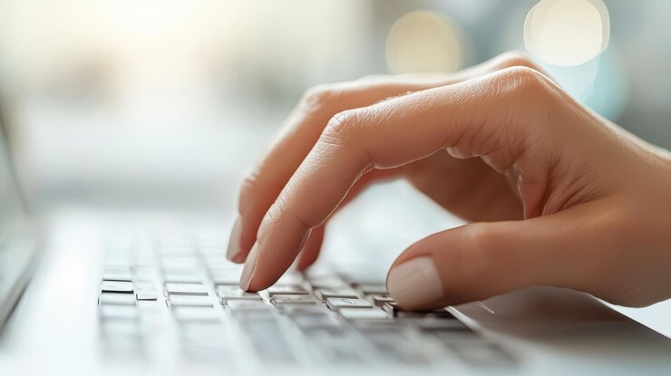 Un primer plano de la escritura a mano en el teclado de la computadora portátil que transmite enfoque y concentración
