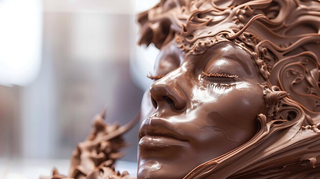Un primer plano de una escultura de chocolate de la cara de una mujer La escultura es increíblemente detallada con todas las arrugas y poros visibles