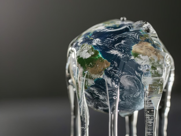 Foto un primer plano de una escultura de hielo derretido de la tierra que simboliza la amenaza del calentamiento global para los frágiles ecosistemas del planeta