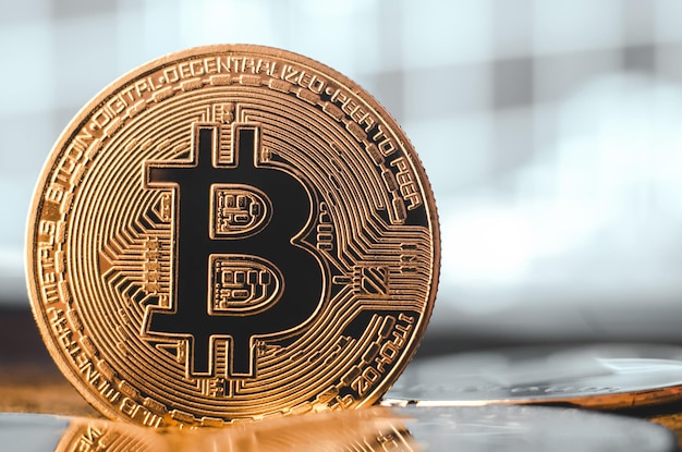 Primer plano de un espacio de copia de moneda bitcoin Criptomoneda mundial El sistema financiero del futuro