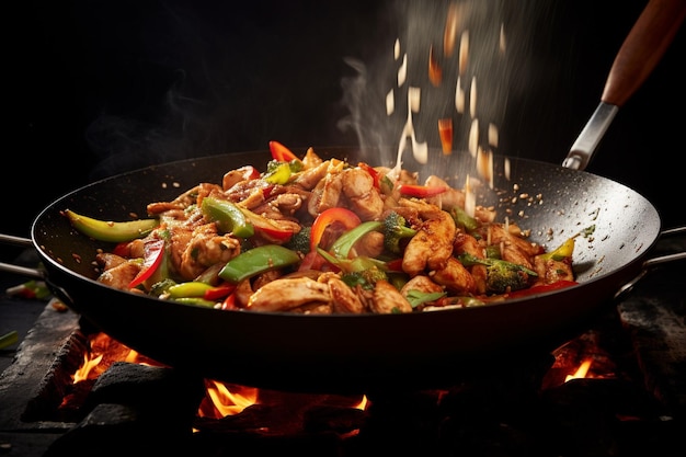 Un primer plano de una espátula lanzando pollo y verduras en un wok caliente