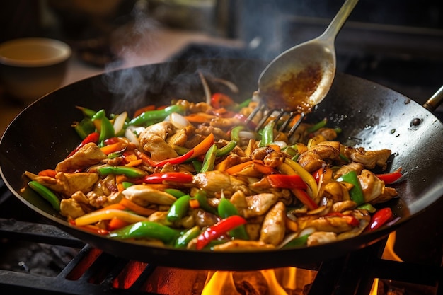 Un primer plano de una espátula lanzando pollo y verduras en un wok caliente