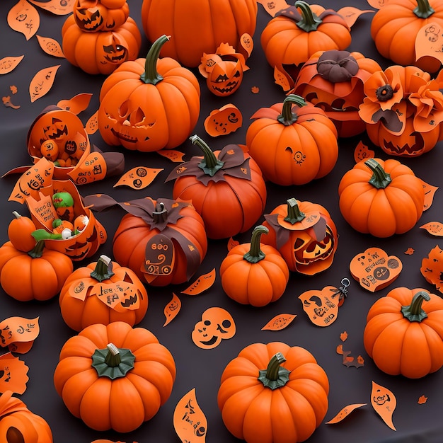 Primer plano de una espeluznante calabaza de Halloween con ojos brillantes en el interior sobre un fondo negro de IA