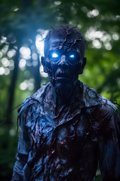 Primer plano de espeluznante zombi de ojos brillantes con cabeza brillante detallada en arte conceptual de terror