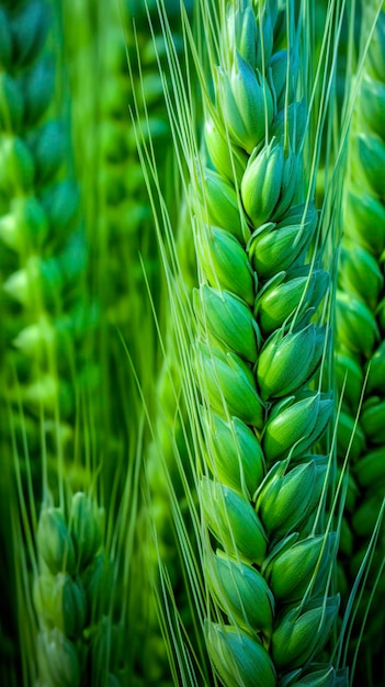 Primer plano de una espiga de cebada verde Grano completo de trigo verde Primer plano de una espiga de trigo inmaduro IA generativa