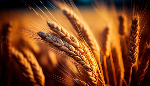 Primer plano de espigas de trigo Campo de agricultura de trigo en verano Generativo Ai